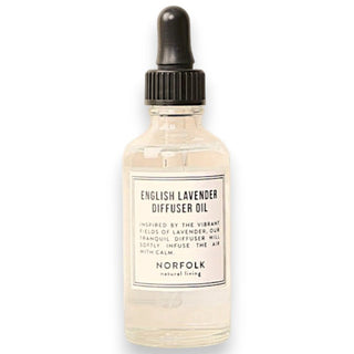 Bottle of English Lavender Diffuser Oil with a dropper on a white background