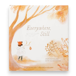 Book cover of 'Everywhere, Still' with a child and dog illustration and tree design.