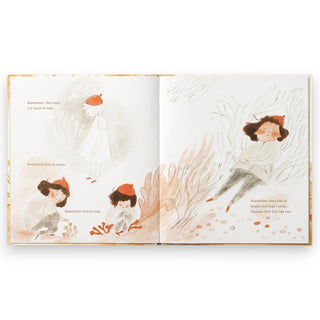 Open book with illustrations of a child in a garden setting
