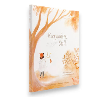 Book cover of 'Everywhere, Still' with a tree and person illustration on a white background