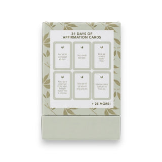 Box of 31 Days of Affirmation Cards with leaf design on a white background
