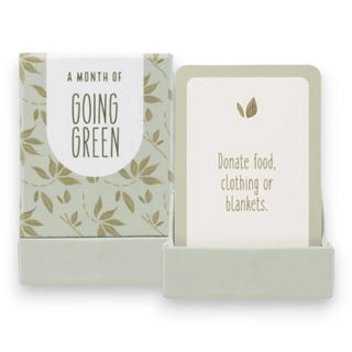 Card set titled 'A Month of Going Green' with leaf design on a white background