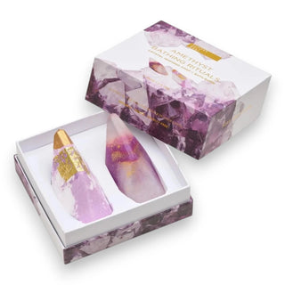 Amethyst infused soap and bath bomb in a decorative box with a matching purple and white lid on a white background.