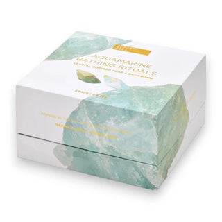 Box of Aquamarine Bathing Rituals crystal-infused soap and bath bomb on a white background