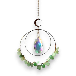 Decorative hanging suncatcher with green crystals and a teardrop-shaped crystal on a white background