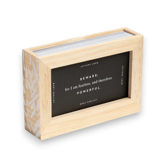 Wooden box with 52 black cards featuring inspiratinal quotes