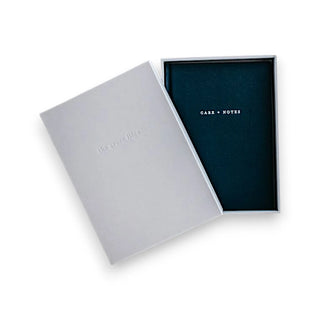 Open light grey box with a dark blue interior and 'CARE + NOTES' text on a white background