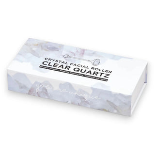 Box for a crystal facial roller labeled 'Clear Quartz' on a white background