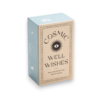 Box of 'Cosmic Well Wishes' cards with a celestial design on a white background