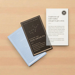 A zodiac gift card on a wooden surface, black with a light blue envelope.