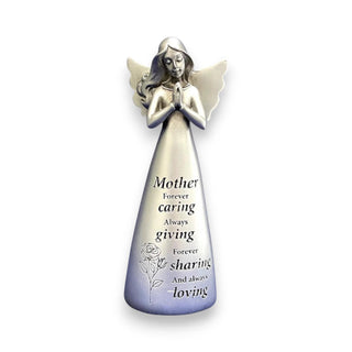 A silver resin angel statue with wings and hands in a prayer position with the inscription Mother forever caring always giving forever sharing and always loving.