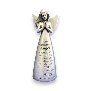 Silver resin angel statue with wings and hands in a prayer position with the inscription Your guardian angel protects and guides you, and shows you the way. Your guardian angel is with you everyday.