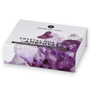 Amethyst crystal gua sha set packaging with brand name on a white background