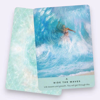 Card with a design of a person swimming in waves and text 'Ride the Waves' on a white background