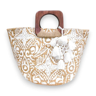 Beige tote bag with white lace pattern and wooden handle on a white background