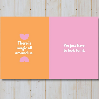 Open book with orange and pink sections, each containing a quote and heart symbols.