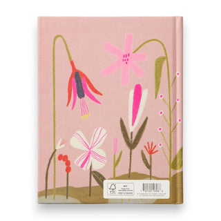 Back cover of a Self-love book with floral design on a pink background