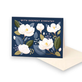 Royal blue gift card with white magnolias and the words With Deepest Sympathy