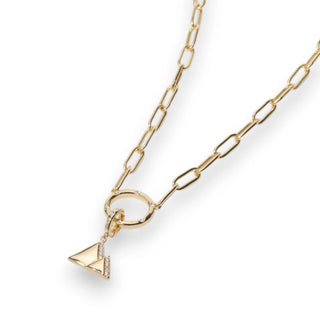 Gold chain necklace with a triangle pendant on a white background