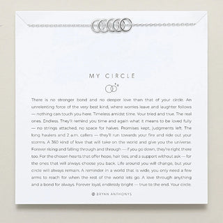 Neckalce with small silver rings on a card with text and 'My Circle' branding