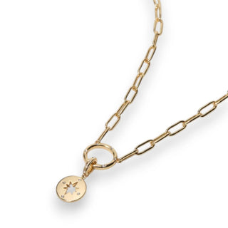 Gold chain necklace with a pendant on a white background