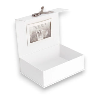 White photo box with a pet memorial card inside on a white background