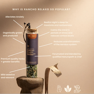Rancho Relaxo product with benefits listed on a beige background