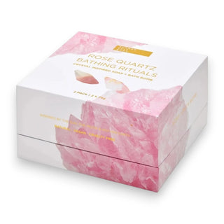 Box of Rose Quartz Bathing Rituals with pink and white design on a white background