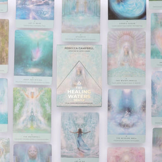 Collection of tarot cards titled 'The Healing Waters Oracle' by Rebecca Campbell on a white background.
