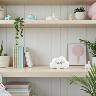 Decorative shelf with books, plants, and a cloud-shaped figurine with an inspirational quote.
