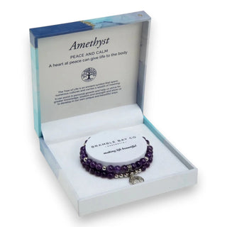 Amethyst bracelet in a decorative box with brand information