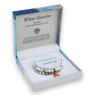 White Howlite bracelet set in a jewellery box with branding details.