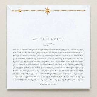 Gold necklace with 2 star pendants on a Card with 'My True North' poem by Bryan Anthony on a white background