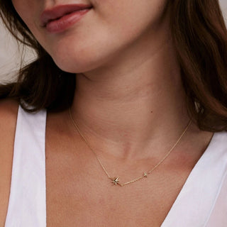 Close-up of a person wearing a delicate gold necklace with star pendants.