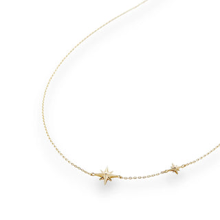 Gold necklace with star-shaped pendants on a white background
