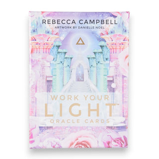 Card deck packaging with 'Work Your Light' Oracle Cards by Rebecca Campbell and Danielle Noel on a white background.